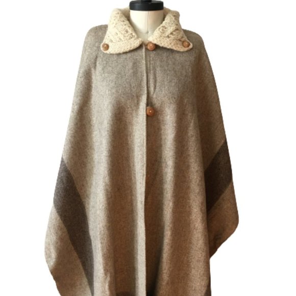 NEW Vintage Wool Blanket Cape Cable Knit Collar Handmade Fringed Long Americana - Picture 6 of 16